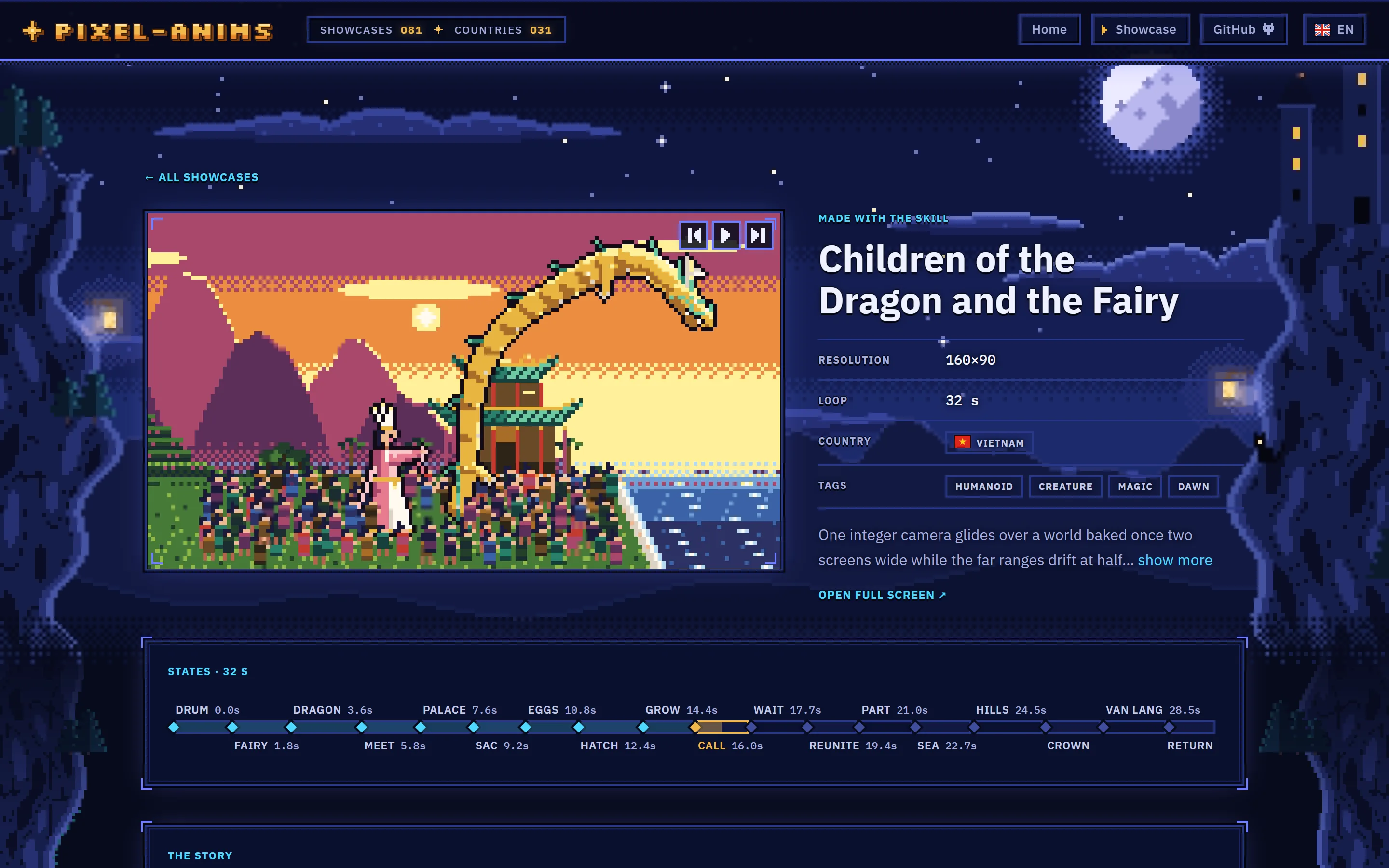 pixel-anims showcase page for Children of the Dragon and the Fairy, with a golden dragon over a palace