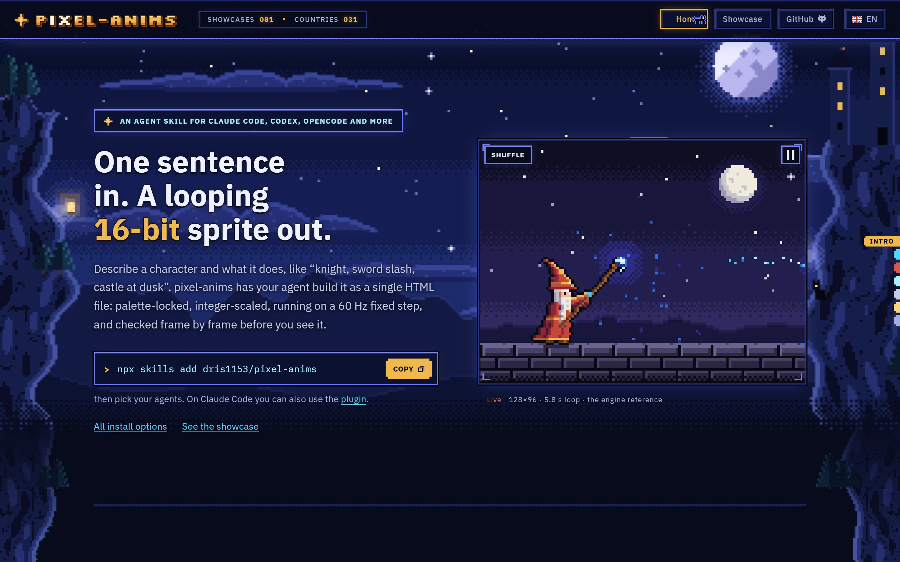pixel-anims landing page with a live wizard animation