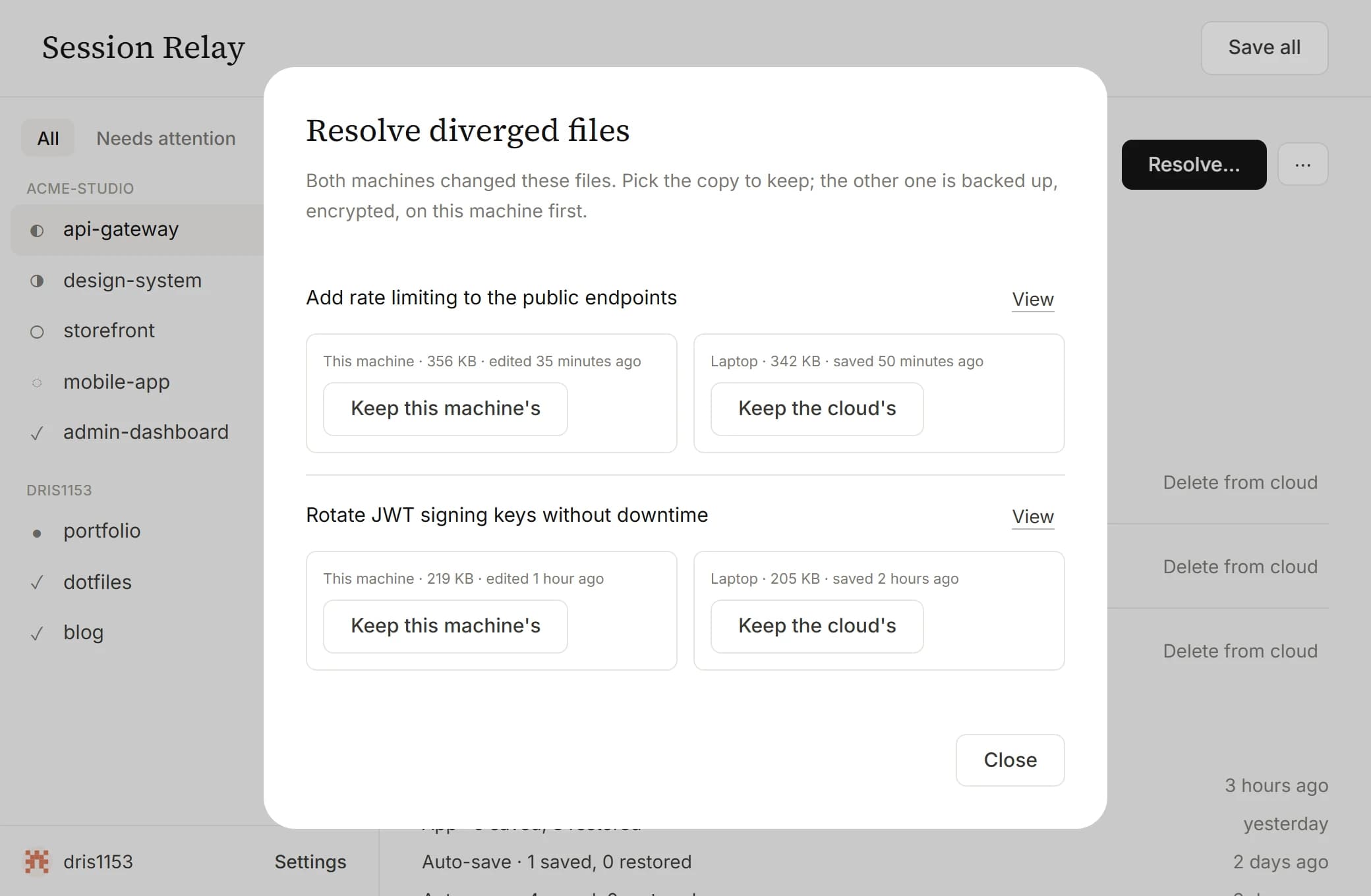 Resolve dialog for a diverged project