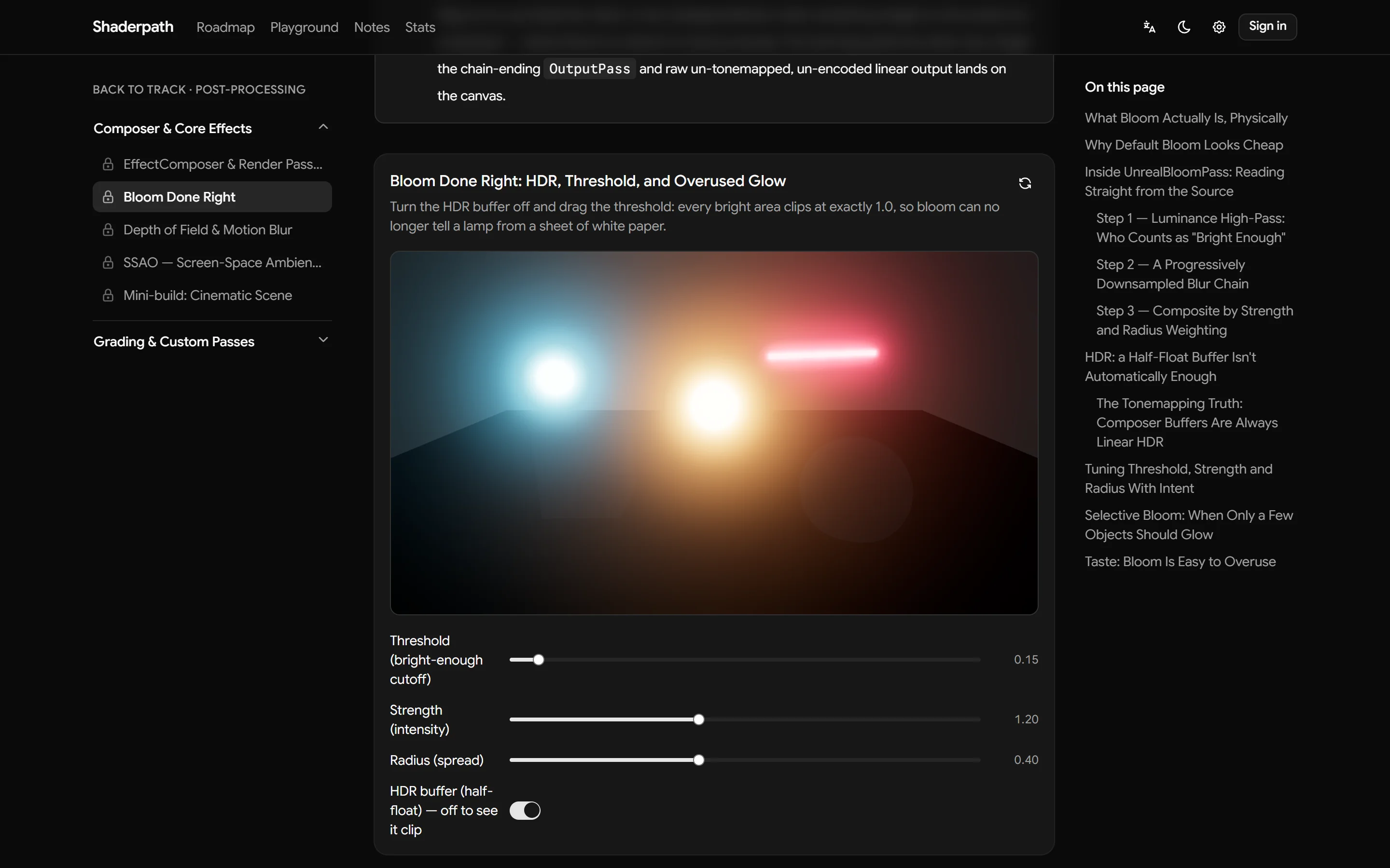 ShaderPath lesson page with a live demo