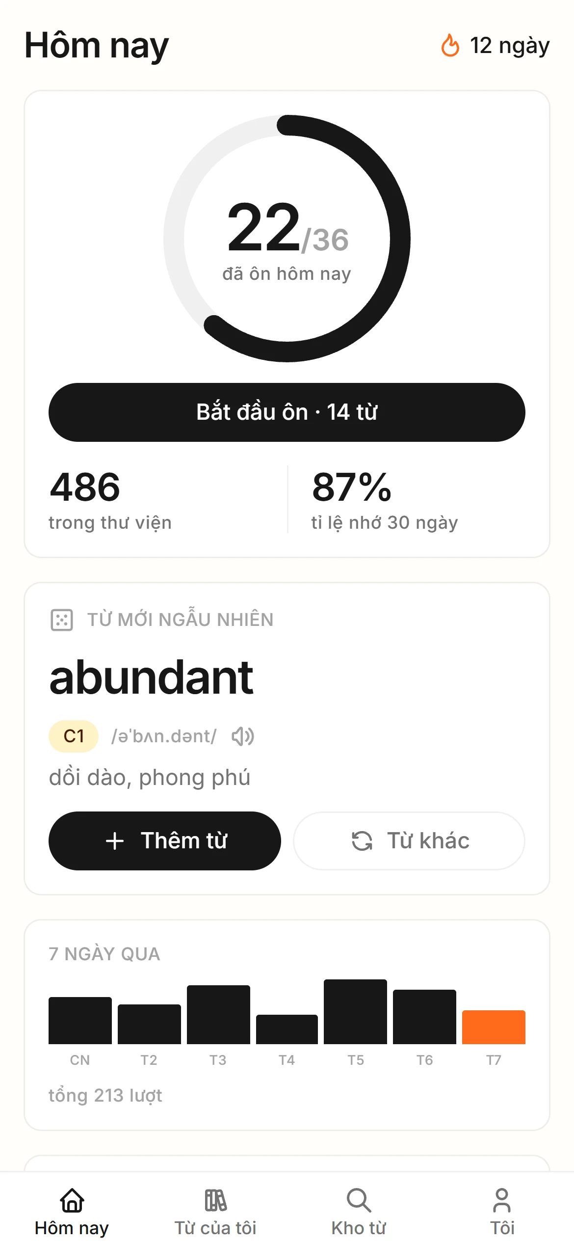 Vocabo Today screen with daily progress