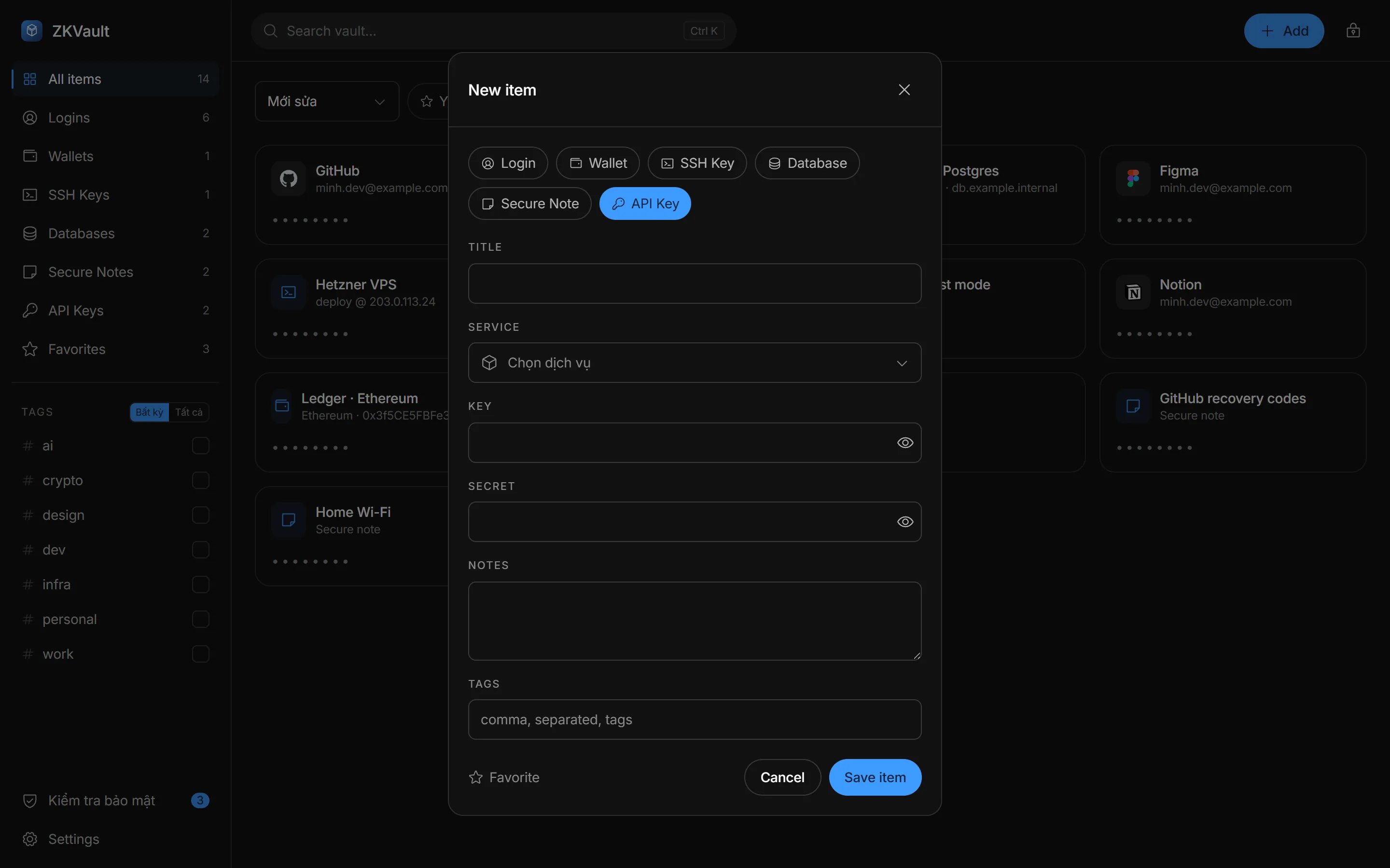 ZKVault new item form for an API key